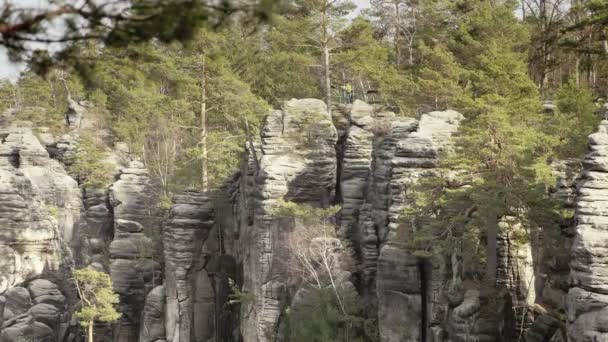 砂岩の岩 岩のエリア 森の中 登山風景 大きな石 屋外の旅行先 静的日安定化 ログショット 全体的なビュー — ストック動画