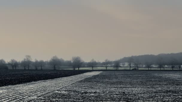 Landschaft Mit Feld Mit Schnee Straße Mit Fahrenden Autos Hintergrund — Stockvideo