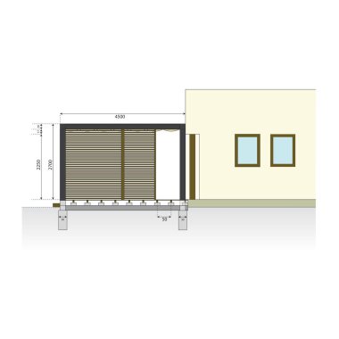 Aile evinde bahçe terası planı. Açık hava oturma, vektör inşaat çizimi. Tahta pergola, bahçedeki hafif yapı. Güneş ışığı ve ısıya karşı dış gölgeleme planı