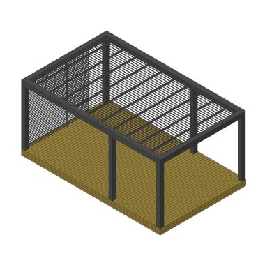 Bahçe terası, pergola ve izometrik perspektif. Açık hava oturma, vektör inşaat çizimi. Tahta pergola, bahçedeki hafif yapı. Dış gölgeleme, aile evinde güneş ışığı ısısı