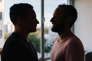 Birbirine yakın durup gülen iki beyaz homoseksüel adamın stok fotoğrafı. Arkalarında bir pencere var..