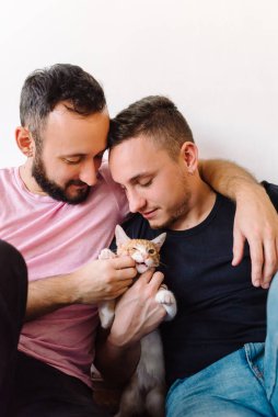 Beyaz ve turuncu tekir kedileriyle oynayan iki beyaz homoseksüel adamın stok fotoğrafı..