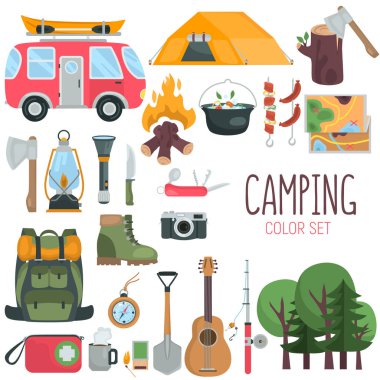 Kamp ve kamp ekipmanları renk düz Icons set