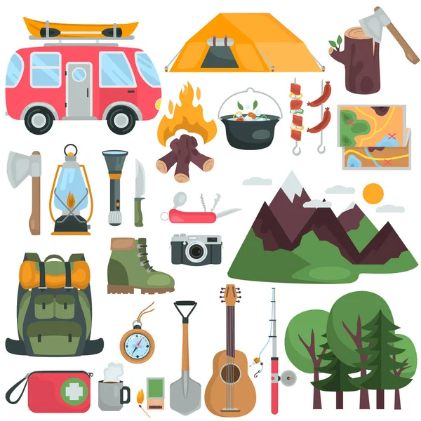 Kamp ve kamp ekipmanları renk düz Icons set