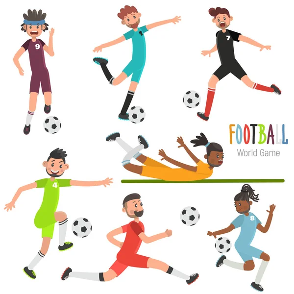 Différents Joueurs Moment Couleur Balle Jeu Illustration Plat Joueur Football — Image vectorielle