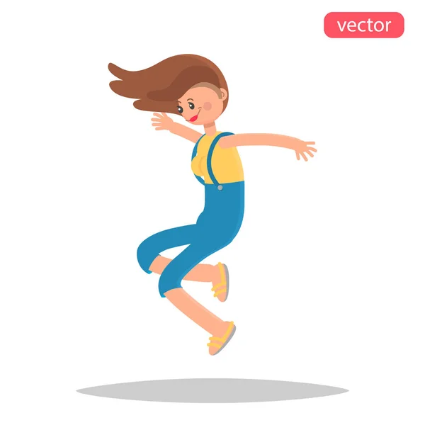 Chica Joven Feliz Saltando Ilustración Plana Color — Vector de stock