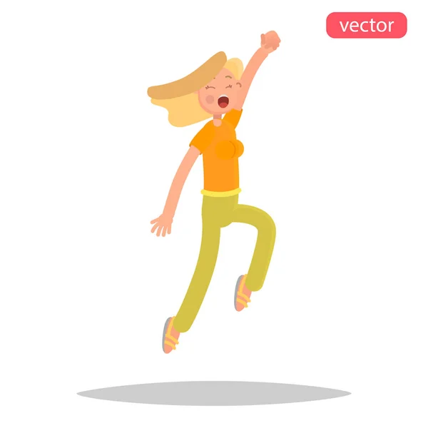 Chica Joven Feliz Saltando Ilustración Plana Color — Vector de stock