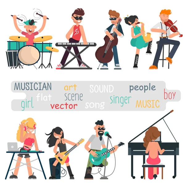 Musisi Dengan Instrumen Musik Mereka Ditetapkan Ilustrasi Vektor Warna - Stok Vektor