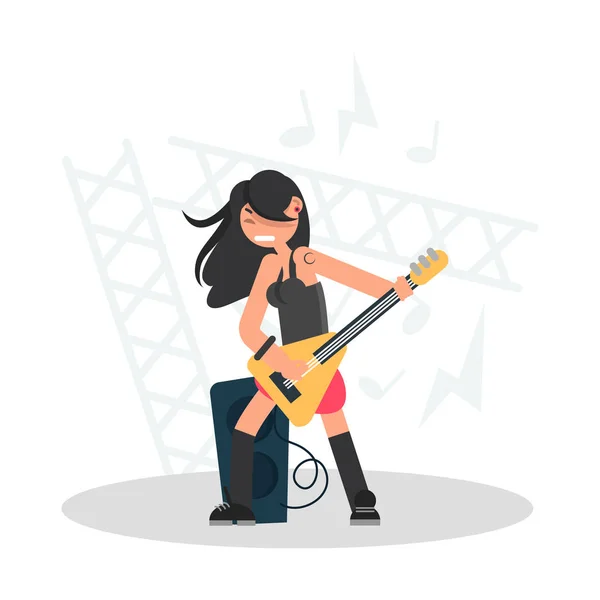 Girl Musician Playing Bass Guitar Color Flat Illustration — Stock Vector