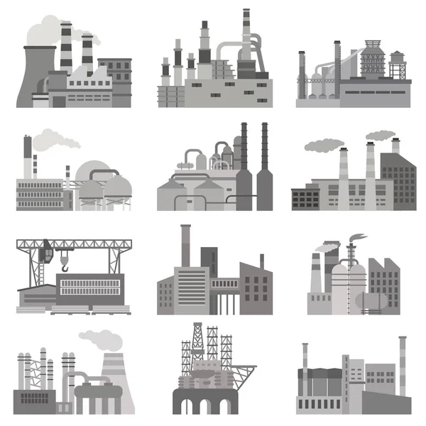 Verschiedene Fabriken Flache Illustration Schwarz Weiß Farben Eingestellt — Stockvektor