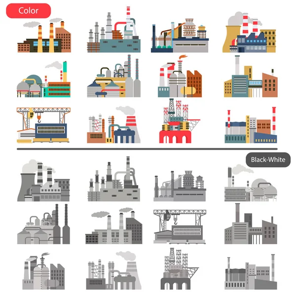 Olika Fabriker Platta Illustration Färg Och Svartvitt Koncept — Stock vektor