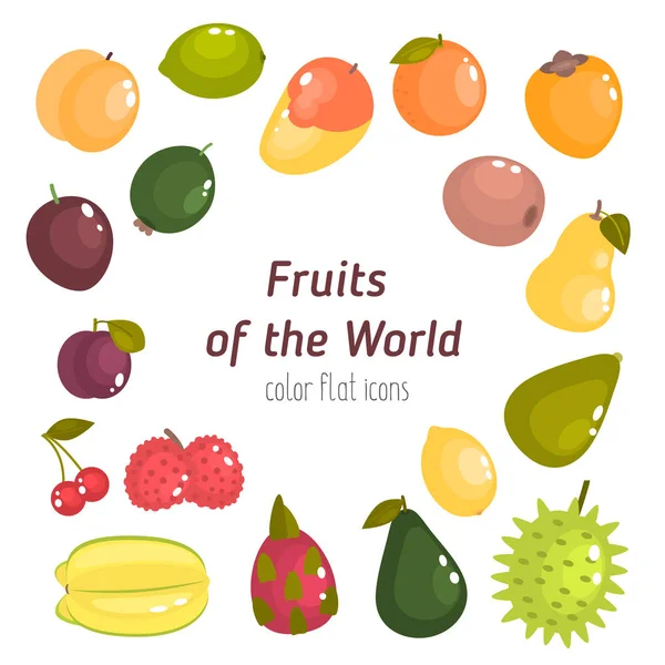 Diversi Frutti Del Mondo Colore Piatto Set Icone — Vettoriale Stock