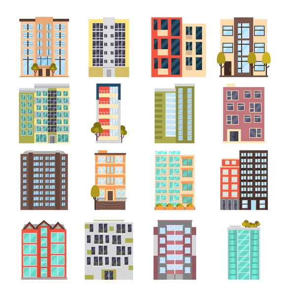 Moderne Multi Appartementenhuis Kleur Platte Pictogramserie — Stockvector