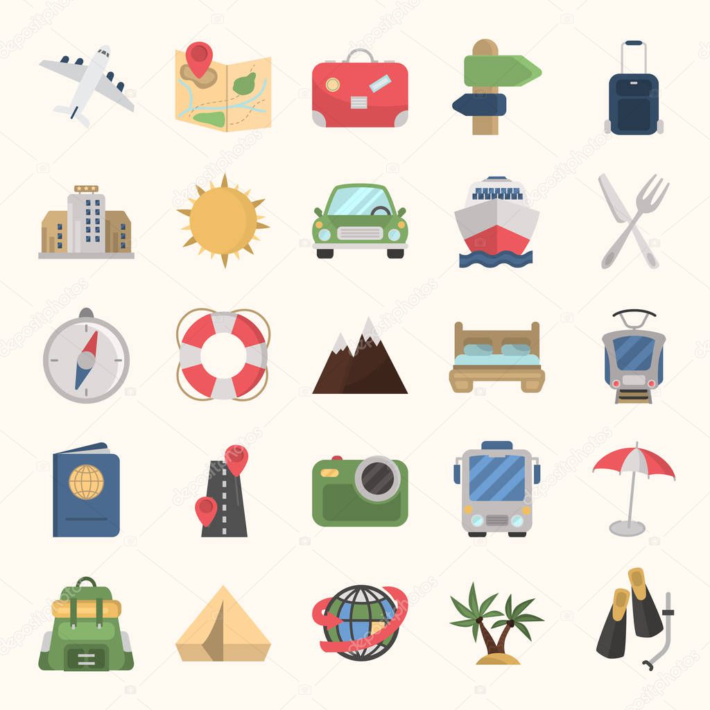 Travel color flat icon set for web and mobile design