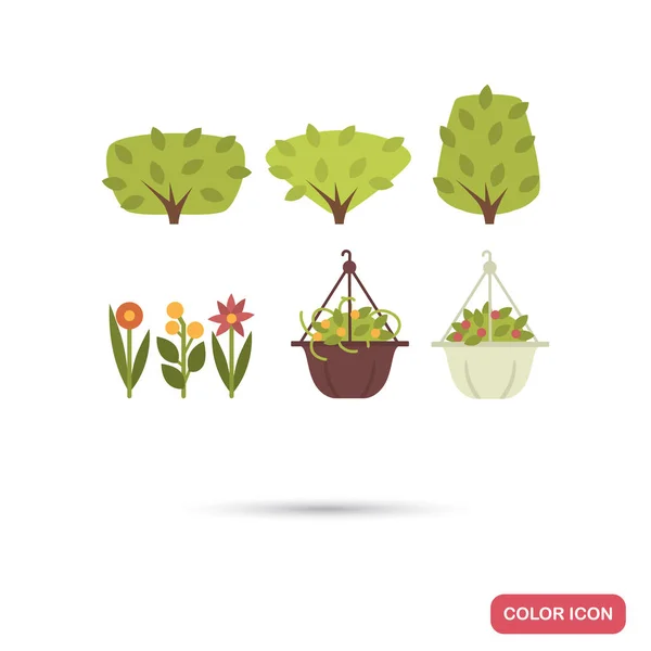 Conjunto Arbustos Flores Color Iconos Planos — Vector de stock