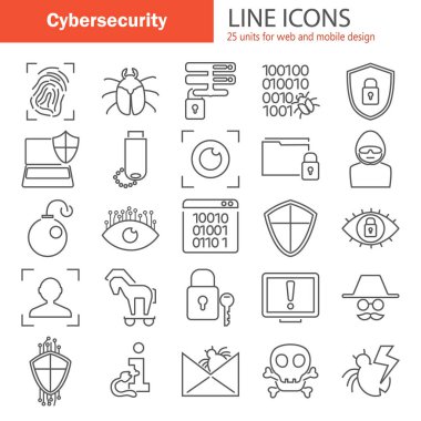 Web ve mobil tasarım için Cybersecurity satır Icons set