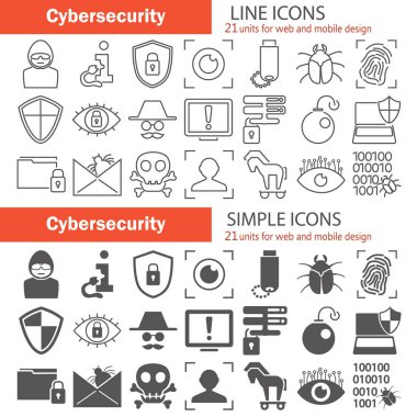Cybersecurity çizgi ve basit simgeler web ve mobil tasarım için ayarla