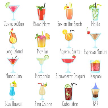 Dünya popüler alkol kokteyller düz Icons set renk