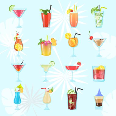 Dünya popüler alkol kokteyller düz Icons set renk