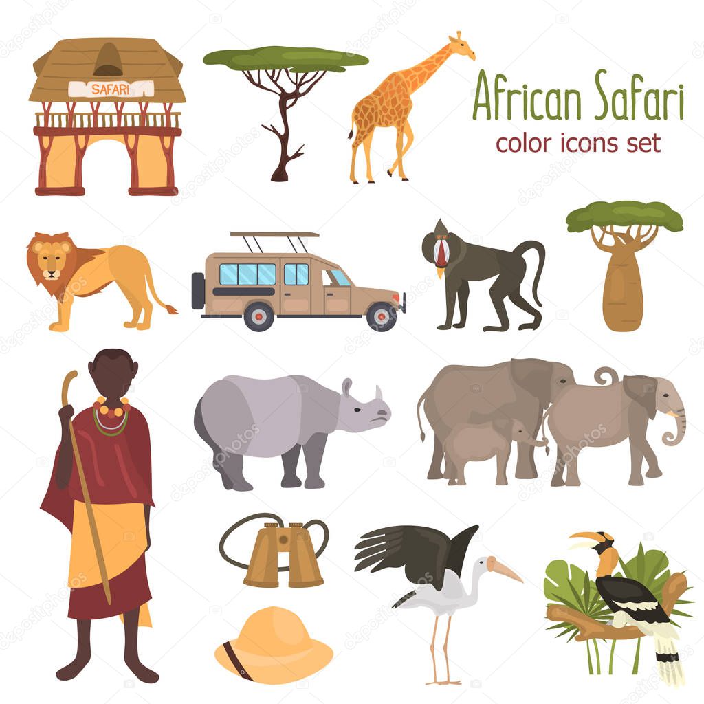 African safari color flat icons set