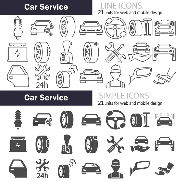 Servicio Coche Simple Conjunto Iconos Línea — Vector de stock