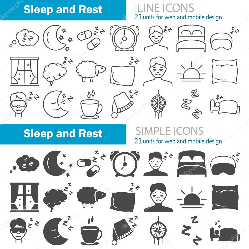 Dream and rest line and simple icons set