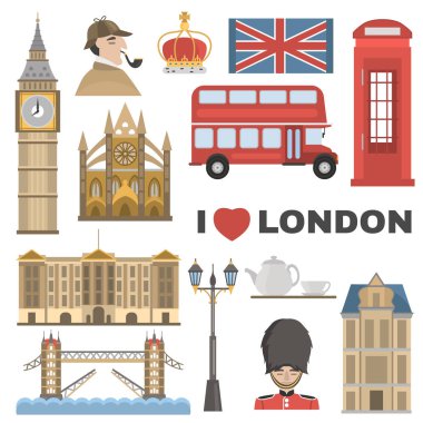 Londra renk düz simgeler kümesi, beyaz arka plan üzerinde izole
