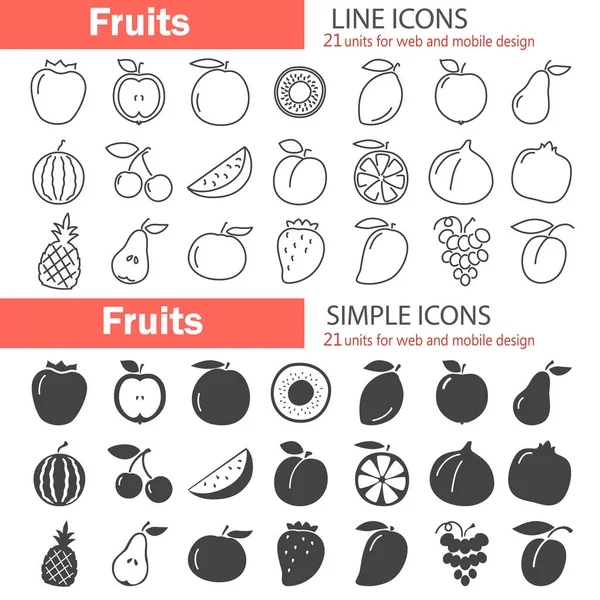 Frutta Semplice Linea Set Icone Isolato Sfondo Bianco — Vettoriale Stock