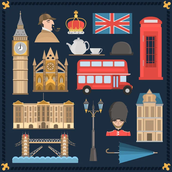 London Farbe Flache Symbole Auf Dunkelblauem Hintergrund — Stockvektor