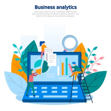 İş Analizi, bilgi toplama, veri analizi, grafikler ve takım oyunu, Pazar araştırması, online araştırma kavramı Illustration. Renk düz vektör tasarımı
