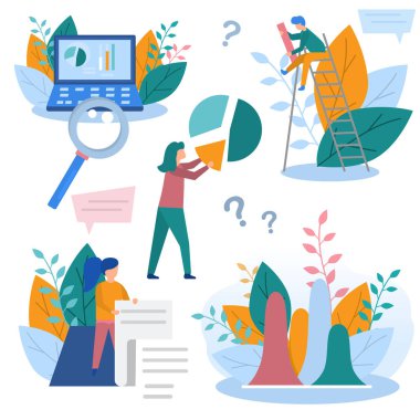 Kavram business analytics elemanları, bilgi toplama, veri analizi, grafikler ve takım oyunu, Pazar araştırması, online araştırma Illustration. Renk düz vektör tasarım kümesi