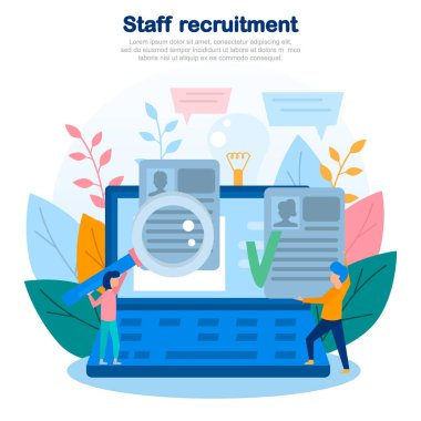 İşe Alım, personel arama, insan kaynakları yönetimi, takım, nitelikleri, şirket çalışanları, veri analizi kavramı Illustration. Renk düz vektör tasarımı