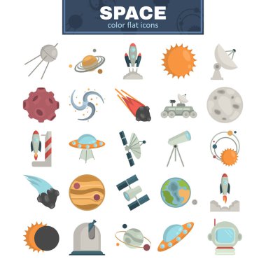 Space color flat icons set for web and mobile design clipart