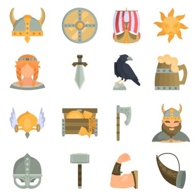 Web ve mobil tasarım için Viking kültürü renk düz simgeler