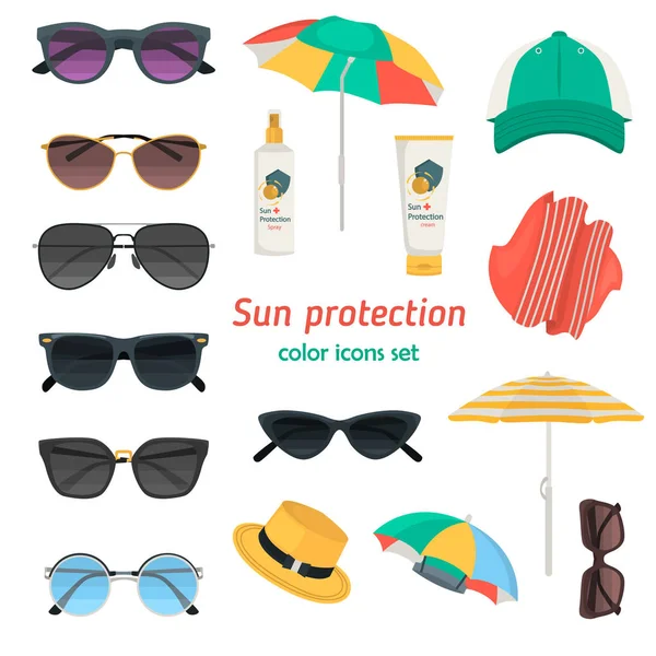 Maneiras de proteção solar cor ícones planos definidos para web e design móvel — Vetor de Stock
