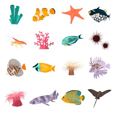 Hayvan mercan resifler renk düz simgeler Web ve mobil tasarım için ayarlanmış