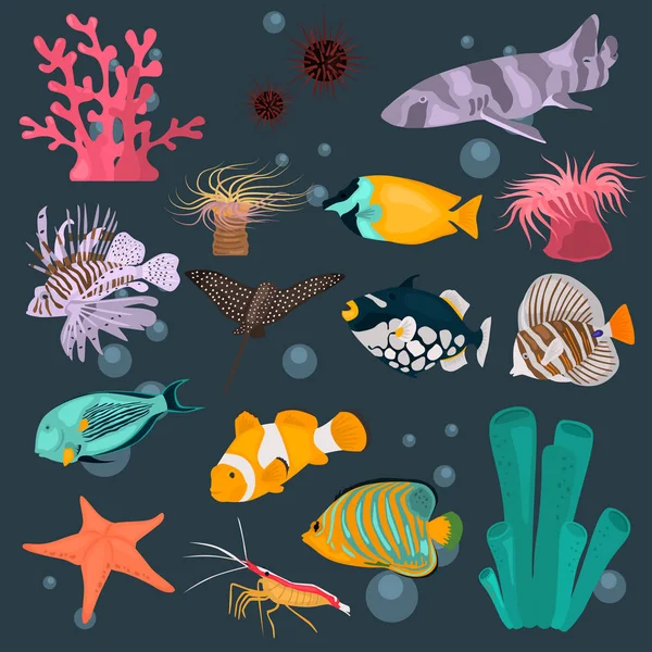 동물 산호초 색상 평면 아이콘 웹 및 모바일 디자인에 대 한 설정 — 스톡 벡터