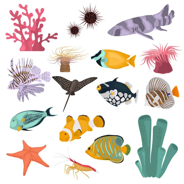 Živočišné korálový útesy barevné ploché ikony nastavené pro web a mobilní design Stock Vektory