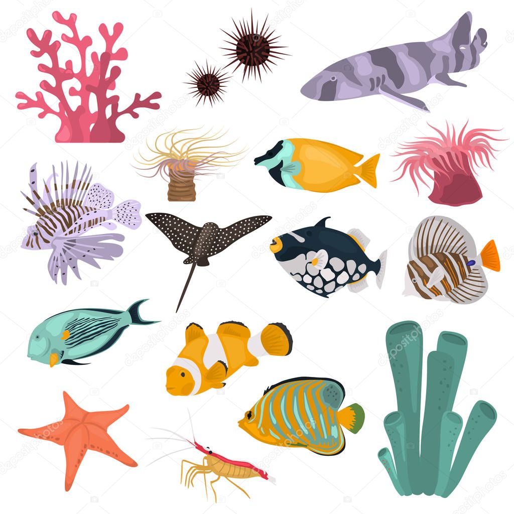 Animal coral reefs color flat icons set for web and mobile design