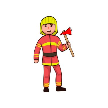 karikatür komik itfaiyeci çocuk kask balta ile içinde