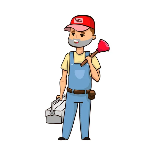 卡通搞笑水管工男孩在帽子与柱塞和工具 — 图库矢量图片