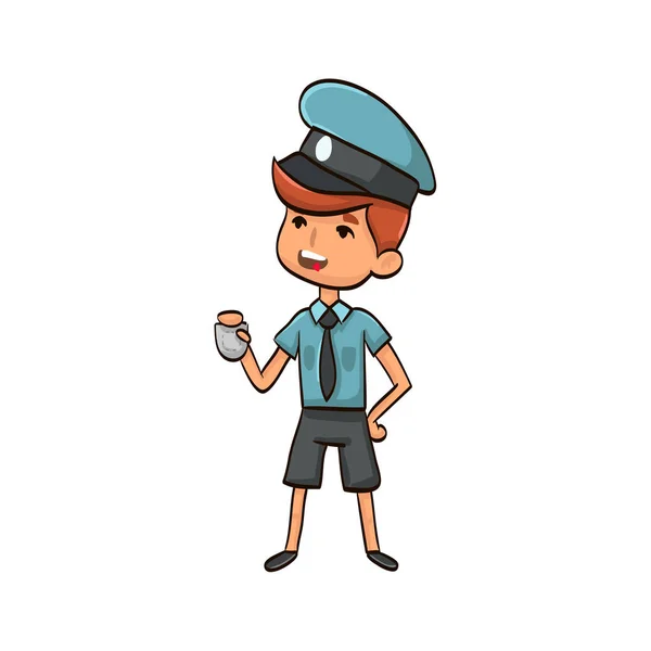 Cartone Animato Divertente Poliziotto Ragazzo Con Caffè — Vettoriale Stock