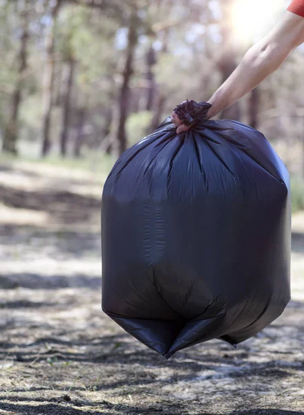hand holds against a forest full of garbage a large black plastic bag, a summer day