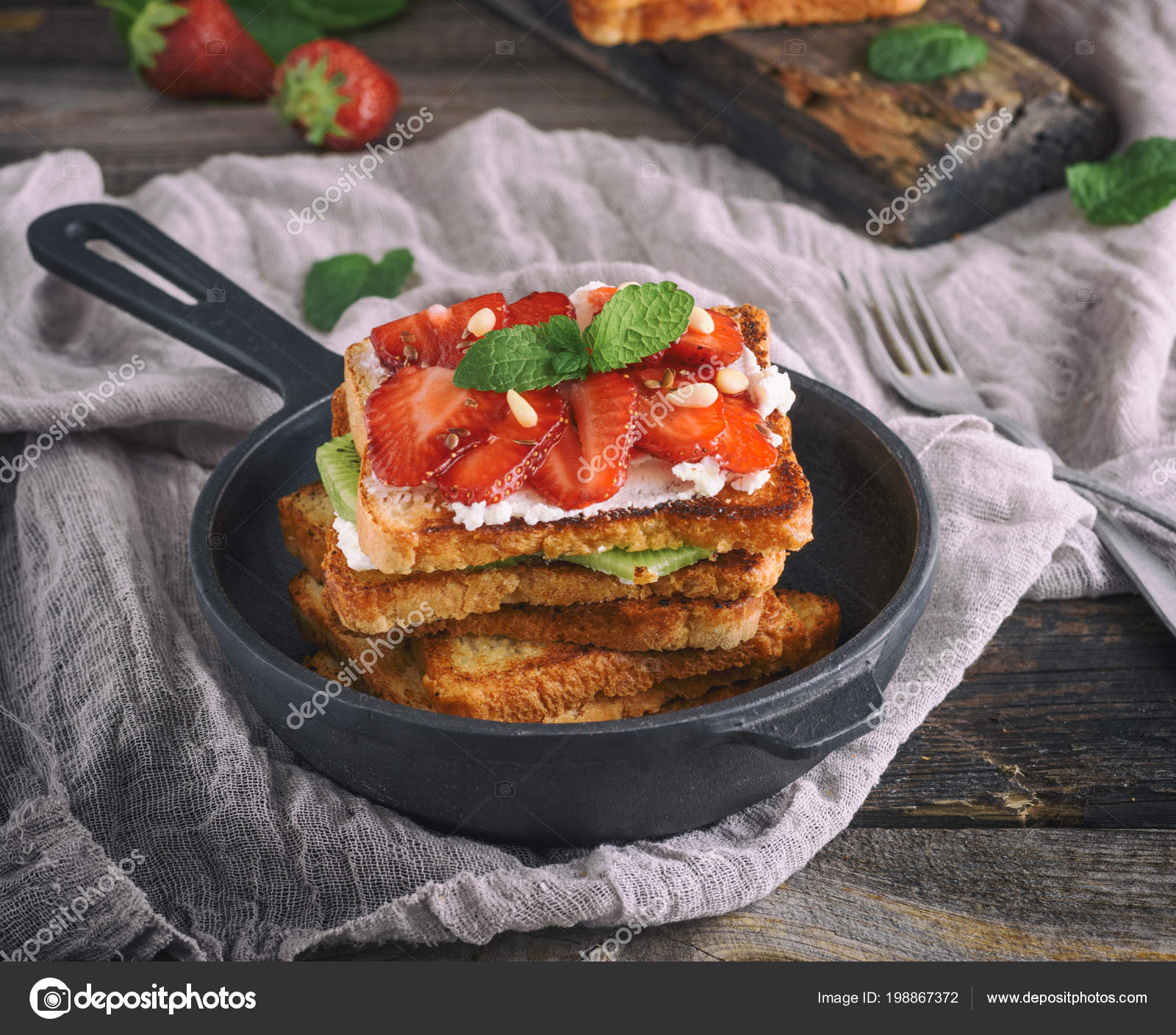 Pile French Toast White Bread Cottage Cheese Strawberries Black