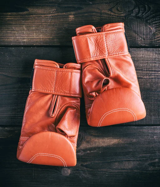 Pair Red Leather Gloves Boxing Brown Wooden Background — Stock Photo, Image