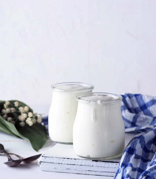 Homemade Yogurt Glass Jar White Wooden Board Copy Space — Stock Photo, Image