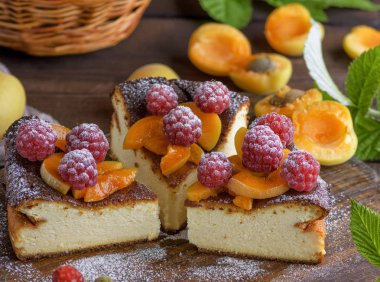 çilek ve kayısı kahverengi ahşap tahta üzerinde süzme peynir pasta parçaları