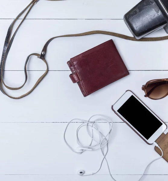 Leather Purse Smartphone Headphones White Wooden Background Top View — Stock Photo, Image