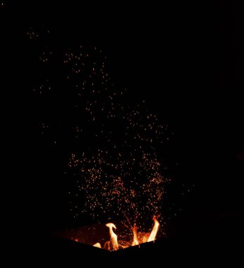 Yanan Ateşi turuncu ve sarı renkli yükselen bir sütun içeren bir siyah arka plan üzerine kıvılcım, yakın çekim