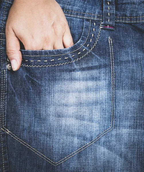 Left Hand Stuck Front Pocket Blue Jeans Full Frame Close — Stock Photo, Image